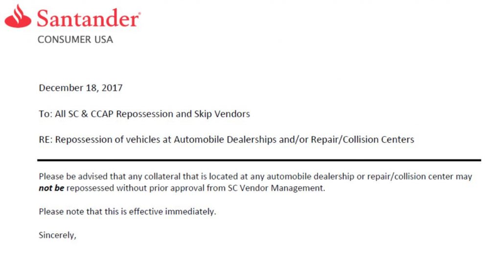 Santander Demands No Repo’s from Dealerships or Repair Shops